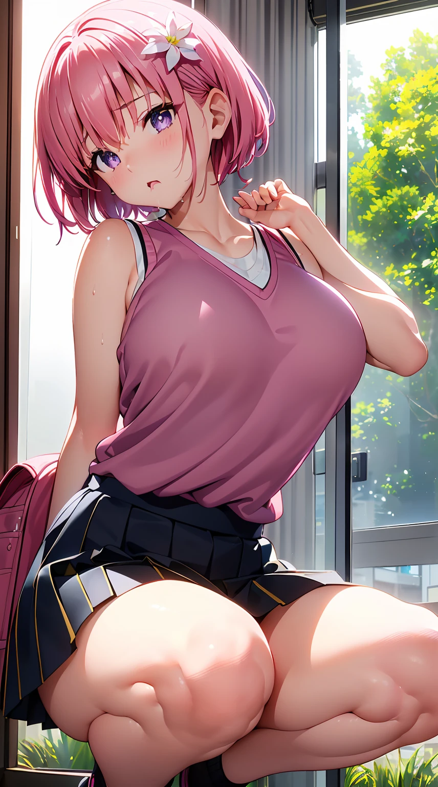 Pink hair, Purple eyes, Short hair, Hair Flower, Pink hair, Oily skin, Wet, Detailed skin, ((Little Girl)), ((Carrying a red backpack)), ((10 years old)), Blurry background, Open mouth, short height, Little Girl, ((Bare shoulder)), ((presenting armpit)), (See-through), cleavage, ((White tank top)), (Arm up), ((Lori)), ((huge tit)), ((Large breasts)), ((under the breast curtain)), (Hot Pants), ((Each removed sleeve), (potrait)), Loose shirt, Navel, (((Drooling face)), Wet body, (((Height 135cm))), ((Squatting)), (Twin-tailed),
