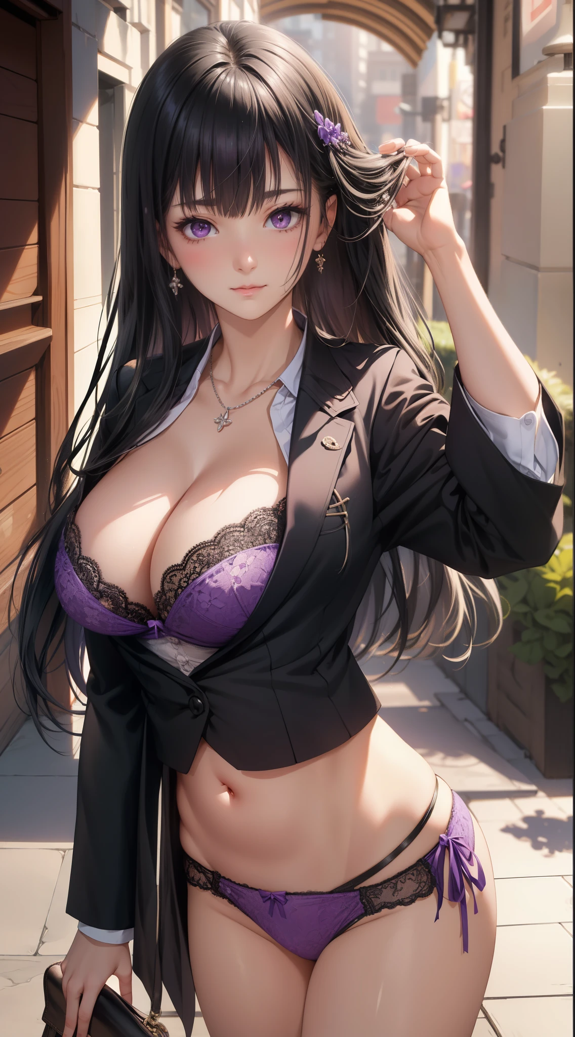 (Best Quality:1.1), (masutepiece:1.2), High quality shadows, Beautiful detailed, Beautiful face, Detailed eyes, depth of fields, hight resolution, Best Shadow, Best Illumination, 1girll, view the viewer, Black hair, Blunt bangs, Long hair, Purple eyes, Shy, Large breasts, Blouse, Blazer, pump, OL 、cleavage、(purple bra and panties、Underwear:1.9)、nsfw、とてもShyい