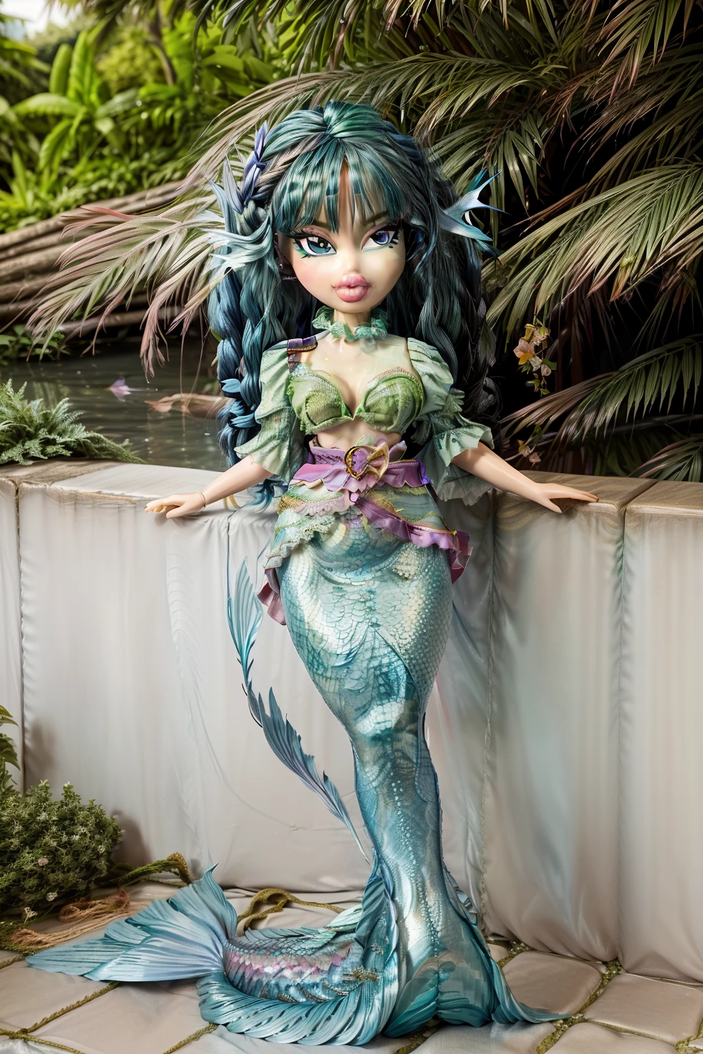 Bratz mermaid with detailed eyes and big lips and blue hair, wearing green red flowers dress, full body , plastic skin , doll joints , ,(masterpiece, top quality, best quality, beautiful and aesthetic:1.2), wakasagihime, doll, revealing clothes, big head, 1girl, solo, breasts, curvy, wide hips, narrow waist, joints, doll joints, cleavage, bursting breasts, huge breasts, lips, mermaid, drill hair, japanese clothes, frills, green kimono, wide sleeves, sash, obi, full body, mermaid tail, fish tail