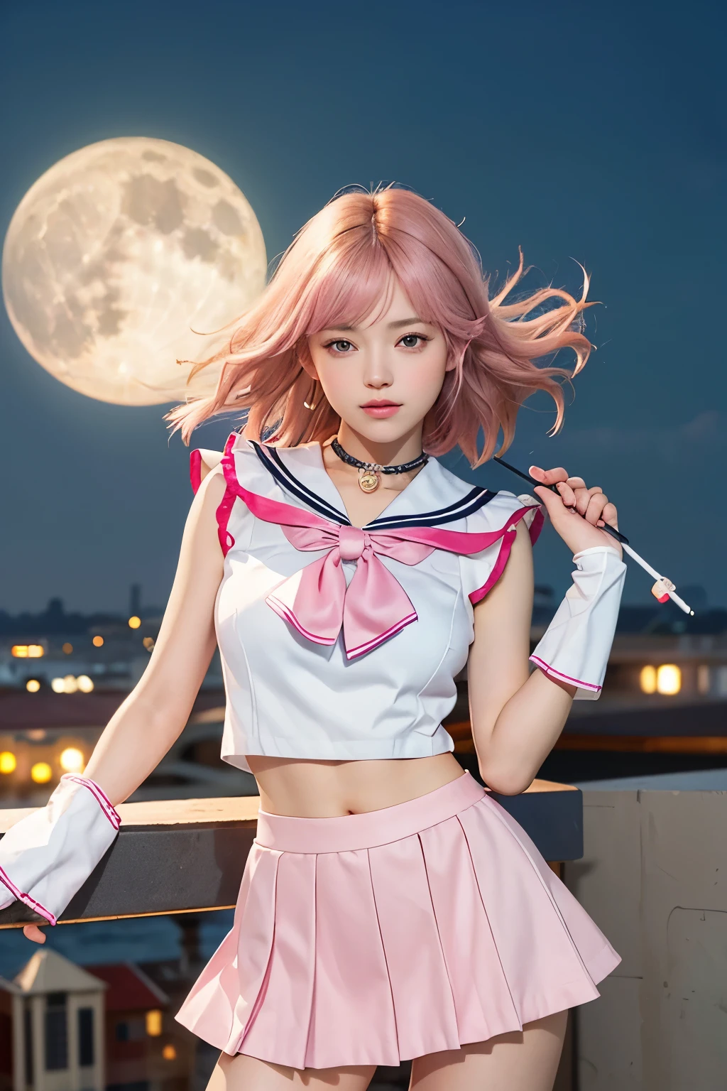 (8K, top-quality, masterpiece:1,2), (reallistic, Photorealsitic:1.37), Super Detail, One girl,), (Highly detailed), (beautifully detailed eyes), (of the highest quality), (super detailed ), (masterpiece), (Detailed face),20yr old, ,1 girl, full body, pink hair,Very short hair, medium breasts, clothed, Perfect Lighting, pussy and breast focus, looking at viewer, aroused face, naughty face, sailor senshi uniform, pink skirt, elbow gloves, tiara, pink sailor collar, red bow, pink choker, white gloves, jewelry, brush, skirt lift, standing, white leotard, milf, ornate fabric, leather texture, dramatic lighting, atmospheric, depth of field, comic style, watercolor style, floating hair, wind, wind lift, Night sky, full moon, on the roof