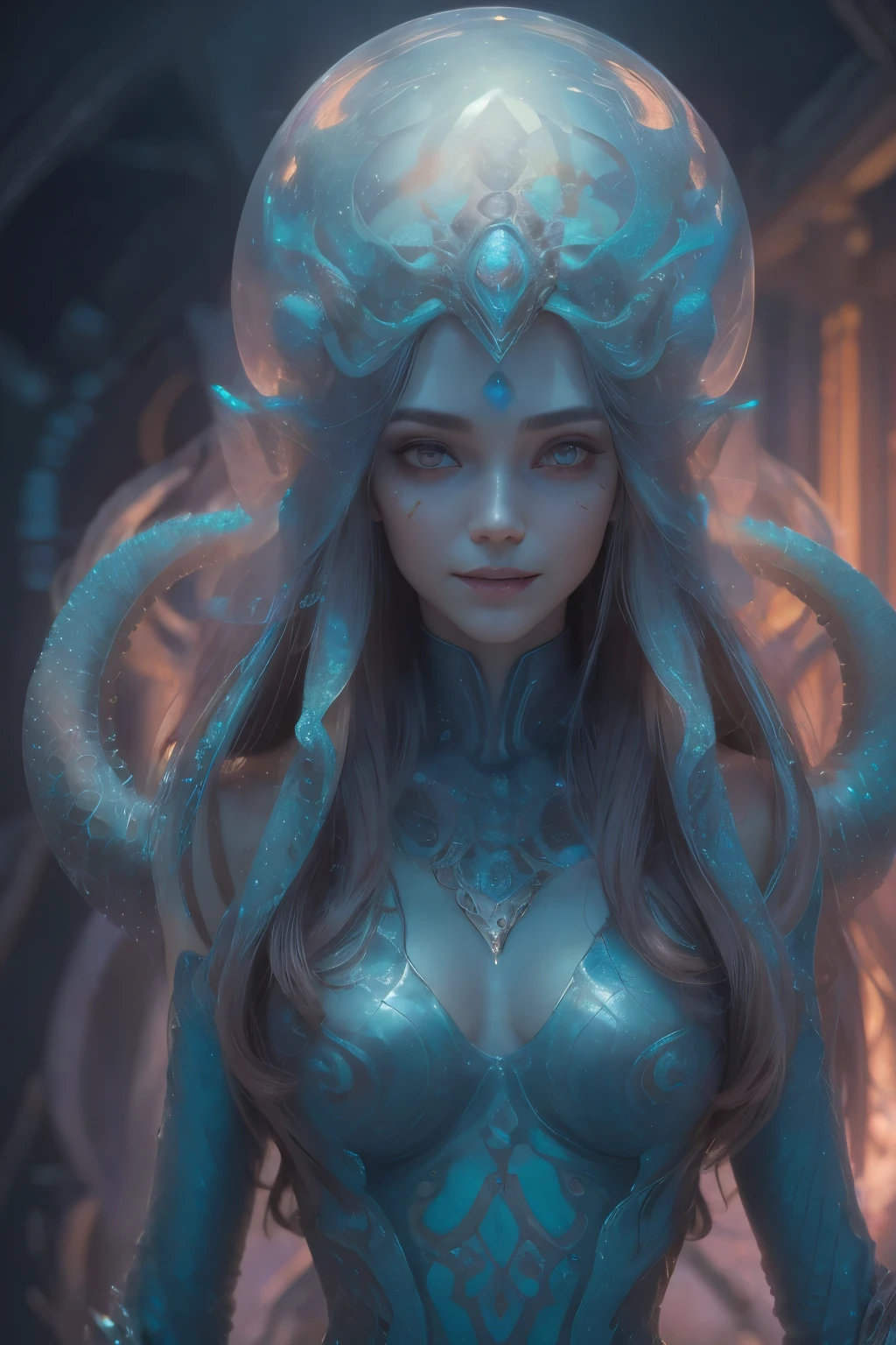 Portrait, (beautiful female alien:1.2), (There is a female genital-like organ in the middle of the forehead.:1.8), (The most beautiful face in the history of the universe:1.2), (she has black eyes with no pupils:1.8) (Translucent skin:1.8), an evil gaze that seduces, (large mouth:1.1), (sharp teeth like a vampire:1.2), Full body like, (bio luminescent:1.2), (Smile wickedly:1.3), (sexypose:1.5), alien, No humans, cells are fused, (Lots of translucent tentacles:1.1) (Translucent skin:1.3), extraterrestrial, cell, bio image, Best Quality, 8K,4K_quality, High Definition, Dramatic Lighting, masutepiece:1.5,cinematic quality, detail up, (Intricate details:1.2), High resolution, High Definition, drawing faithfully, (Thick eyebrows:1.2), Beautiful eyes with fine symmetry,(Highly detailed face and eyes:1.2), Intimate face, (Super detailed skin quality feeling:1.4), Perfect Anatomy, (Beautiful toned body:1.5), (Moist skin:1.2), No makeup, (dark circles:1.1), long canines, cinematic drawing of characters, ultra high quality model, cinematic quality, detail up, (Intricate details:1.2), High resolution, High Definition, drawing faithfully, Official art, Unity 8K wall , 8K Portrait, Best Quality, Very High resolution, ultra detailed artistic photography, midnight aura, unreal enginee 5, Ultra Sharp Focus, art by alberto seveso, ArtGerm, Roisch, intricate artwork, best quality, masutepiece, ultra High resolution, (photos realistic:1.4), Ultra-realistic realism, dream-like, nautilus, Creation of fantasy, Snail, Dream Snail, biopunk nautilus, Thrilling color schemes, Ultra-realistic realism, seductively smiling, Blue tentacles,