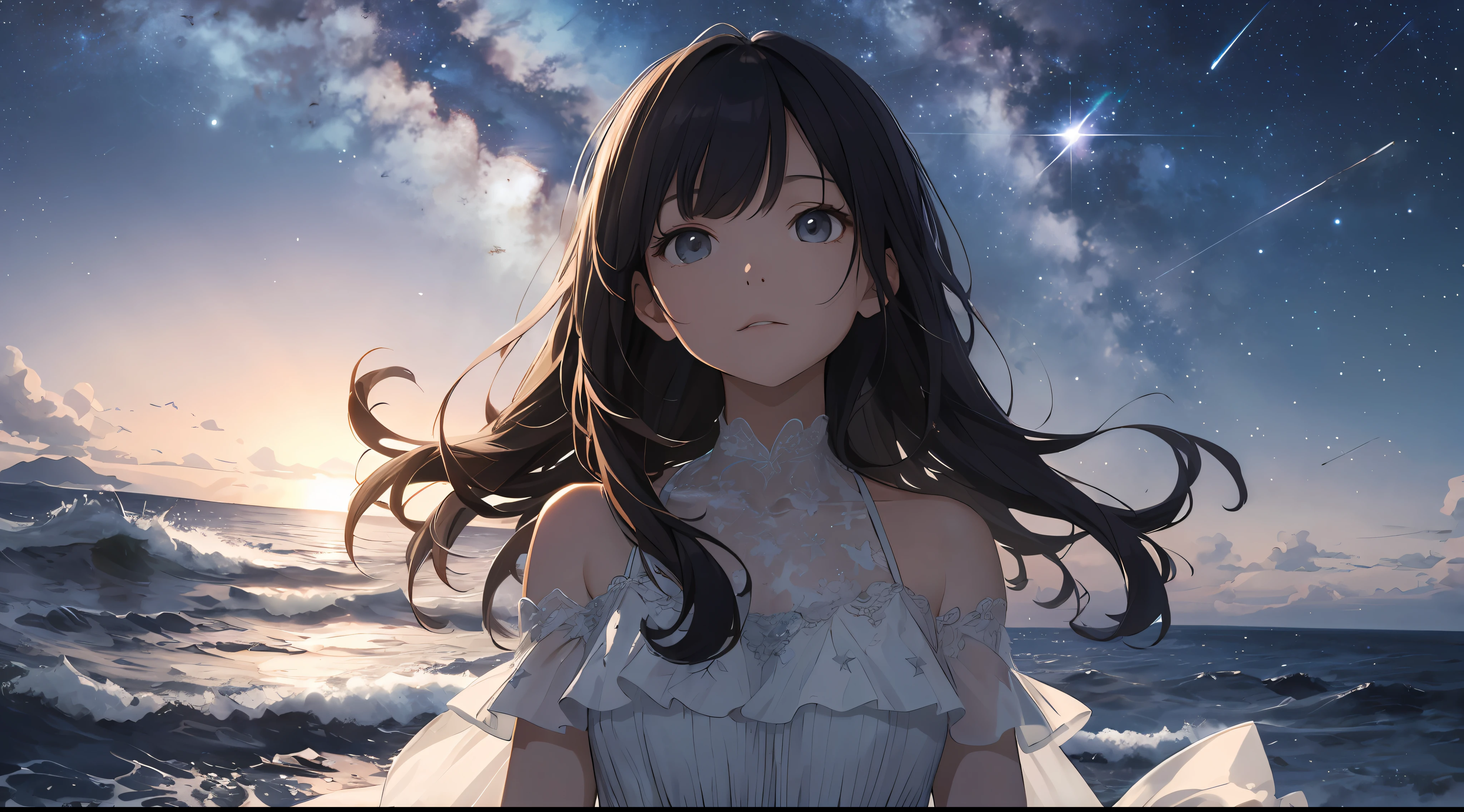 (Best quality at best: 1.5), (super detailing: 1.5), (Best quality at best Photo: 1.5), Everywhere you look is the ocean, full of stars, meteor shower, horizon, midynight, midynight, Scenic one, lindo cenario, galaxias, Starcloud, Light particles, very delicate beautiful, The is very detailed, 电影灯光, mistic, Movie Angle, 8K分辨率, Elegant, perfect pubic, smooth private parts, Beautiful girl looking up at the sky, extremely cute, sad expressions,