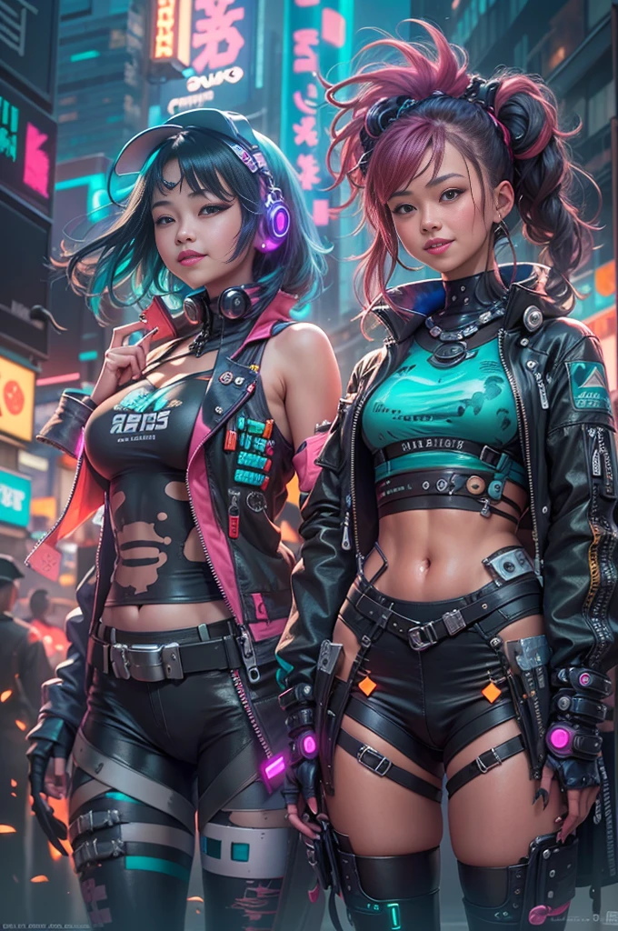 tmasterpiece, Best quality at best, 2 plump ones((Smiling)) Cyberpunk girls stand together, Harajuku style cyberpunk body harness, Bold colors and patterns, eye-catching accessories, Stylish and innovative hairstyle, Dazzling cyberpunk cityscape, skyscrapper, glowing neon sign, LED lights, anime illustration, Detailed skin texture, Fine cloth texture, beautiful detailed face, Complicated details, ultra - detailed, 电影灯光, strong contrasts.