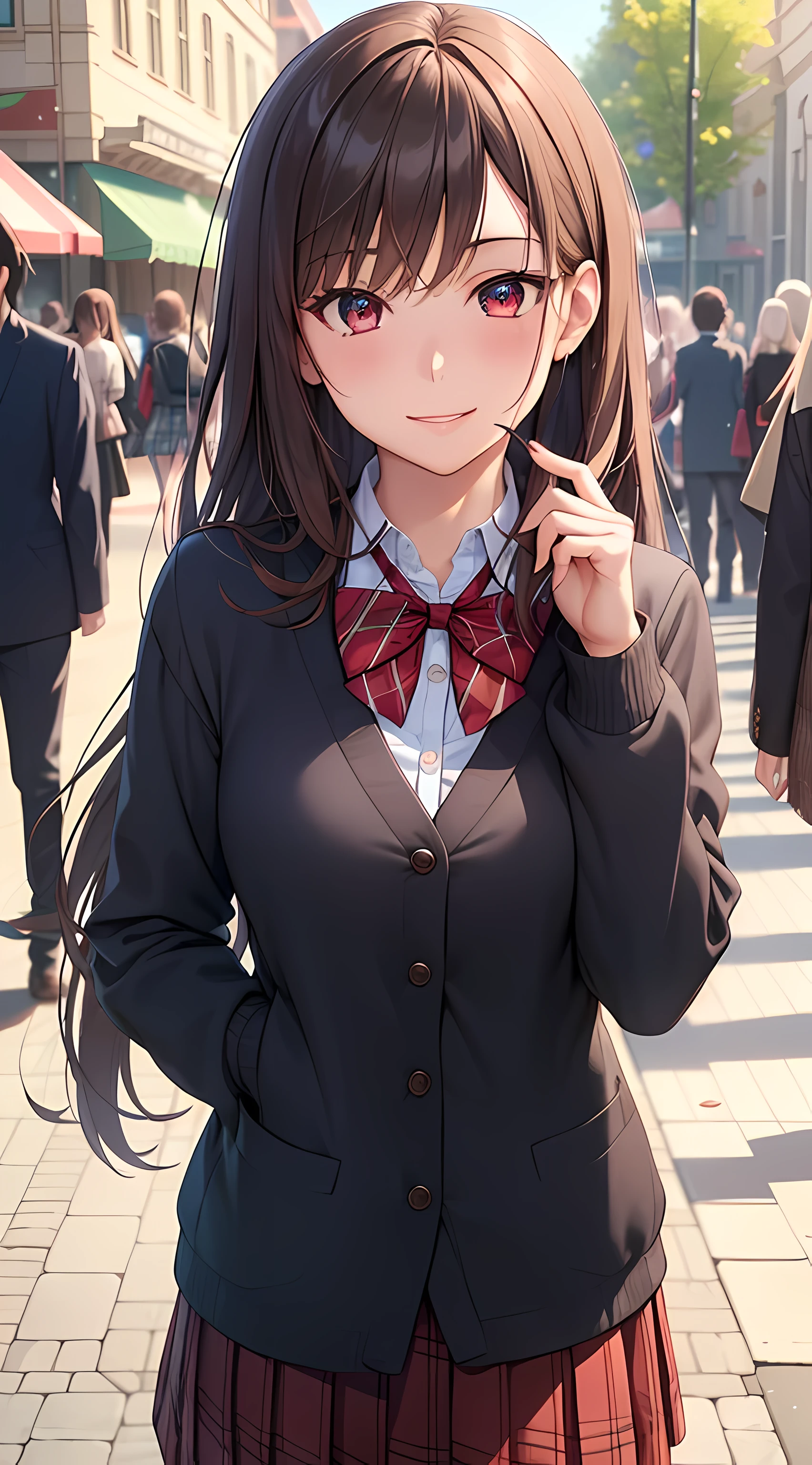 ((masterpiece, best quality, highres, UHD, perfect pixel, depth of field, 4k, RTX, HDR))), 1girl, single, solo, beautiful anime girl, beautiful artstyle, anime character, ((long hair, bangs, brown hair, curly hair:0.8)), ((red eyes:1.4, rounded eyes, beautiful eyelashes, realistic eyes)), ((detailed face, blushing:1.2)), ((smooth texture:0.75, realistic texture:0.65, photorealistic:1.1, anime CG style)), medium breasts, dynamic angle, perfect body, ((portrait, pov)), ((red bowtie, school uniform, black jacket, open jacket, brown cardigan, white shirt, black skirt, plaid skirt)), smile beam, amusement park,grin,white teeth,finger to mouth