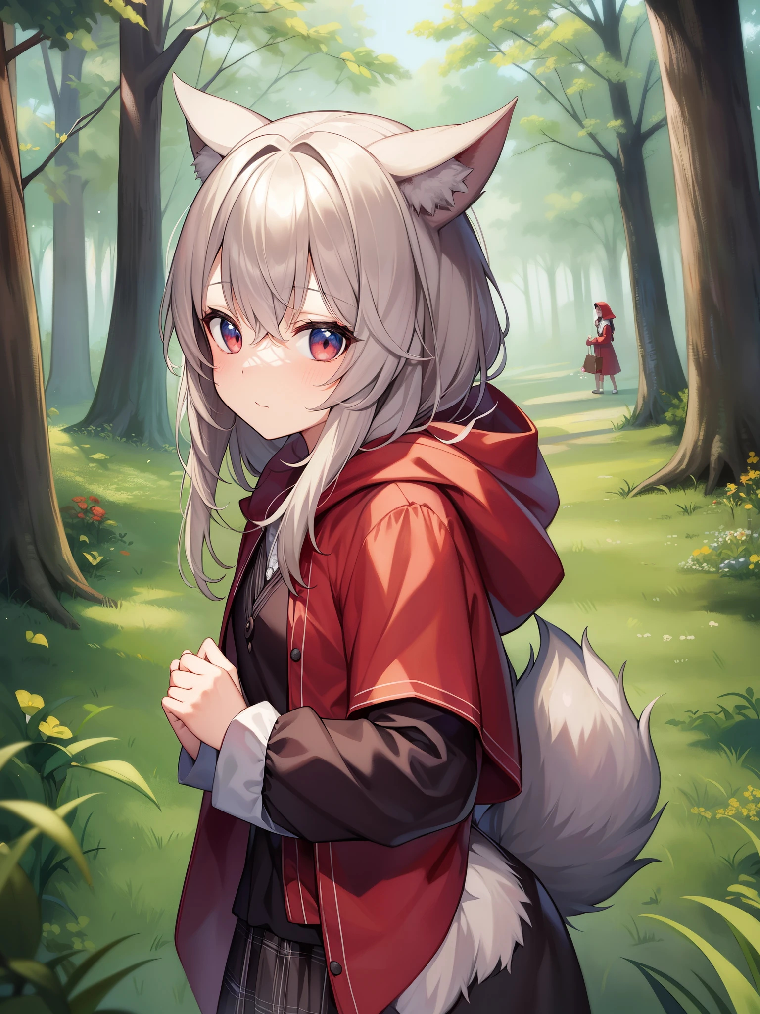 top-quality、Masterpiece、detaileds、Grimm's Fairy Tales、the woods、Little Red Riding Hood、Little Red Riding Hoodがおばあさんに化けた狼を見抜き、James Thurber, who immediately shoots him to death.『girl and wolf』etc. are famous、Little Red Riding Hoodと呼ばれる女の子がいた。彼女はお使いを頼まれてthe woodsの向こうのおばあさんの家へと向かうが、On the way, I encountered a wolf.、be provoked to wander。 The wolf went ahead and went to the grandmother&#39;s house.、I ate the old woman who was at home.。And disguised as an old woman、Little Red Riding Hoodが来るのを待つ。 Little Red Riding Hoodがおばあさんの家に到着すると、おばあさんに化けていた狼にLittle Red Riding Hoodは食べられてしまう。 A hunter passing by noticed a wolf that had had enough and was falling asleep.、Rescue the two from the wolf&#39;s belly。 Little Red Riding Hoodは「I didn&#39;t do what I was told, so I suffered a lot.」I reflected on this、I vow to never be fooled again or accept the invitation of strangers again.。