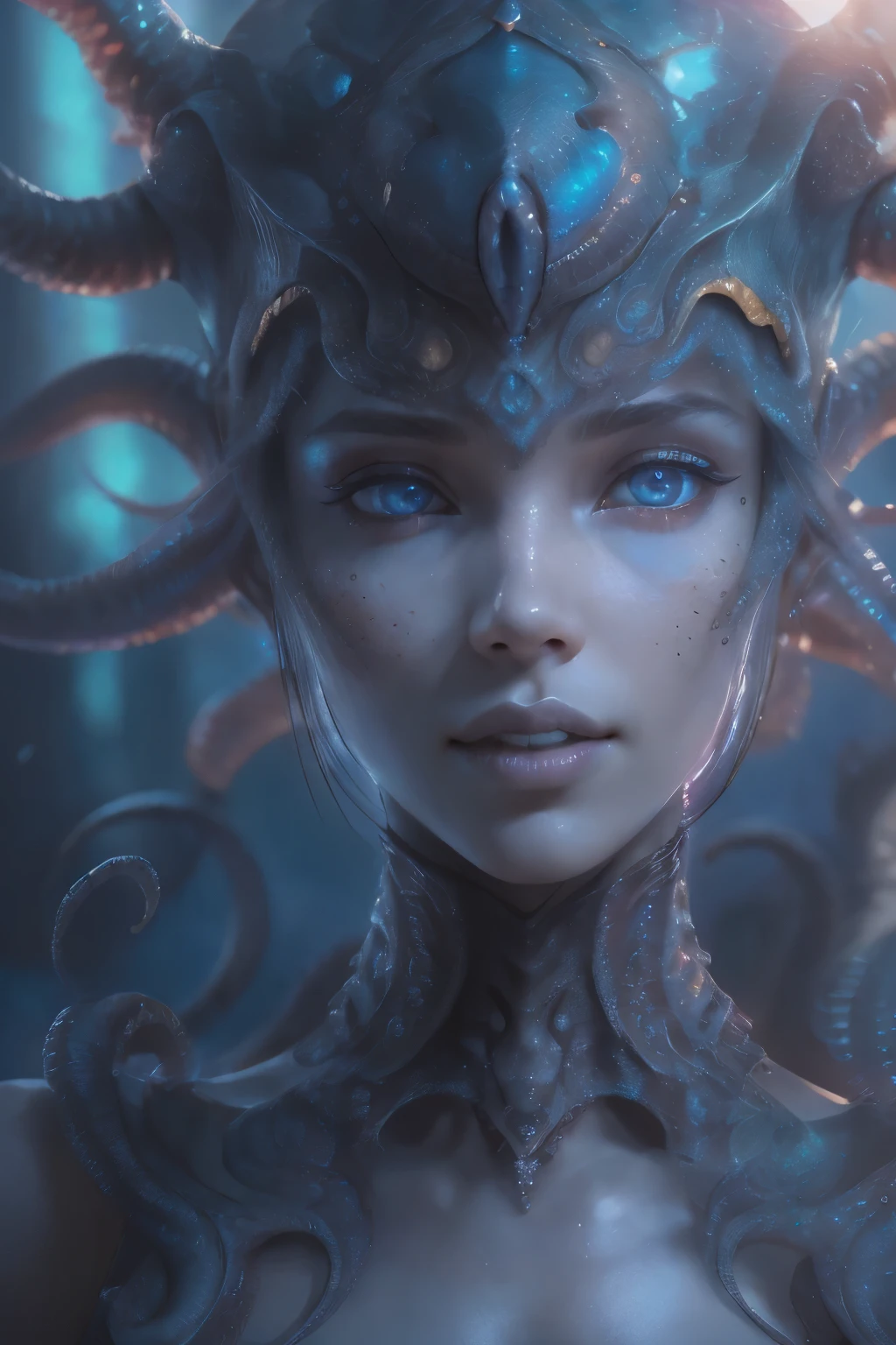 Portrait, (beautiful female alien:1.2), (There is a female genital-like organ in the middle of the forehead.:1.6), (The most beautiful face in the history of the universe:1.2), (she has black eyes with no pupils:1.8) (Translucent skin:1.7), an evil gaze that seduces, (large mouth:1.1), (sharp teeth like a vampire:1.2), Full body like, (bio luminescent:1.5), (Smile wickedly:1.3), (sexypose:1.5), alien, No humans, cells are fused, (Lots of translucent tentacles:1.1) extraterrestrial, cell, bio image, Best Quality, 8K,4K_quality, High Definition, Dramatic Lighting, masutepiece:1.5,cinematic quality, detail up, (Intricate details:1.2), High resolution, High Definition, drawing faithfully, (Thick eyebrows:1.2), Beautiful eyes with fine symmetry,(Highly detailed face and eyes:1.2), Intimate face, (Super detailed skin quality feeling:1.4), Perfect Anatomy, (Beautiful toned body:1.5), (Moist skin:1.2), No makeup, (dark circles:1.1), long canines, cinematic drawing of characters, ultra high quality model, cinematic quality, detail up, (Intricate details:1.2), High resolution, High Definition, drawing faithfully, Official art, Unity 8K wall , 8K Portrait, Best Quality, Very High resolution, ultra detailed artistic photography, midnight aura, unreal enginee 5, Ultra Sharp Focus, art by alberto seveso, ArtGerm, Roisch, intricate artwork, best quality, masutepiece, ultra High resolution, (photos realistic:1.4), Ultra-realistic realism, dream-like, nautilus, Creation of fantasy, Snail, Dream Snail, biopunk nautilus, Thrilling color schemes, Ultra-realistic realism, seductively smiling, Blue tentacles,