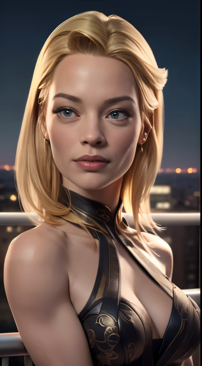 photo of Jeri Ryan, RAW, beautiful woman, ((portrait)), ((detailed face:1.2)), ((detailed facial feature, detailed skin, clear skin), (perfect proportioned body), (wearing a colorful dress) (high detailed city environment, apartment balcony), (realistic photo, best quality, detailed), (8k wallpaper), (cinematic lighting, dramatic lighting) (sharp focus, intricate)