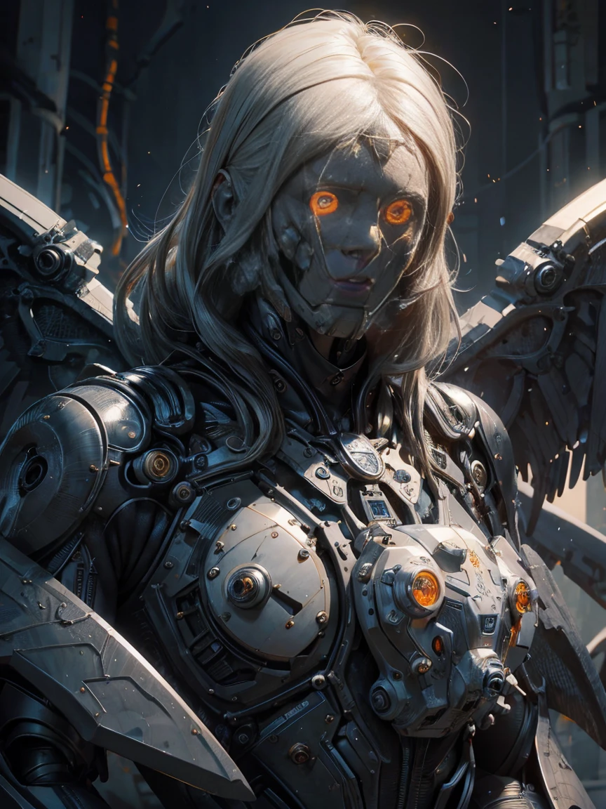 1 robot with man face, organic, orange  glowing eyes, man head, long hair, with wings,full blood of face, white plastic, diffuse lighting, fantasy, intricate, elegant, highly detailed, lifelike, photorealistic,  smooth, sharp focus, art by John Collier and Albert Aublet and Krenz Cushart and Artem Demura, wires, tubes, dark room, dim light