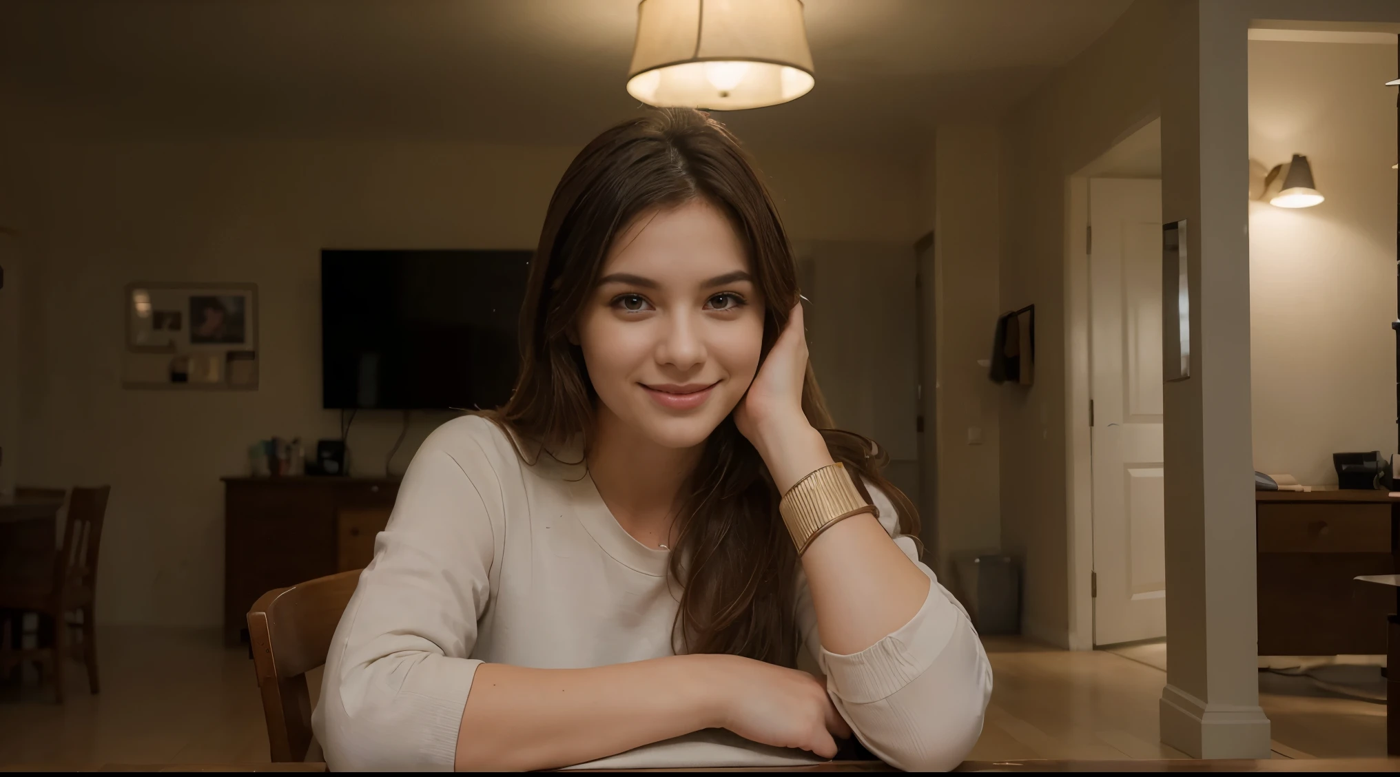 "(((Girl))) sitting on a table, laptop in front of her, smiling, looking at the camera. The girl has brown eyes, dark brown hair. The setting is indoor, with a realistic photographic style. The camera shot is a close-up with a (((50mm lens))). The lighting should be natural, with soft light coming from the side, sitting at the right side of image. The background includes elements suitable for a YouTube thumbnail. Resolution should be (((4K))) for a highly detailed image suitable for a professional thumbnail."