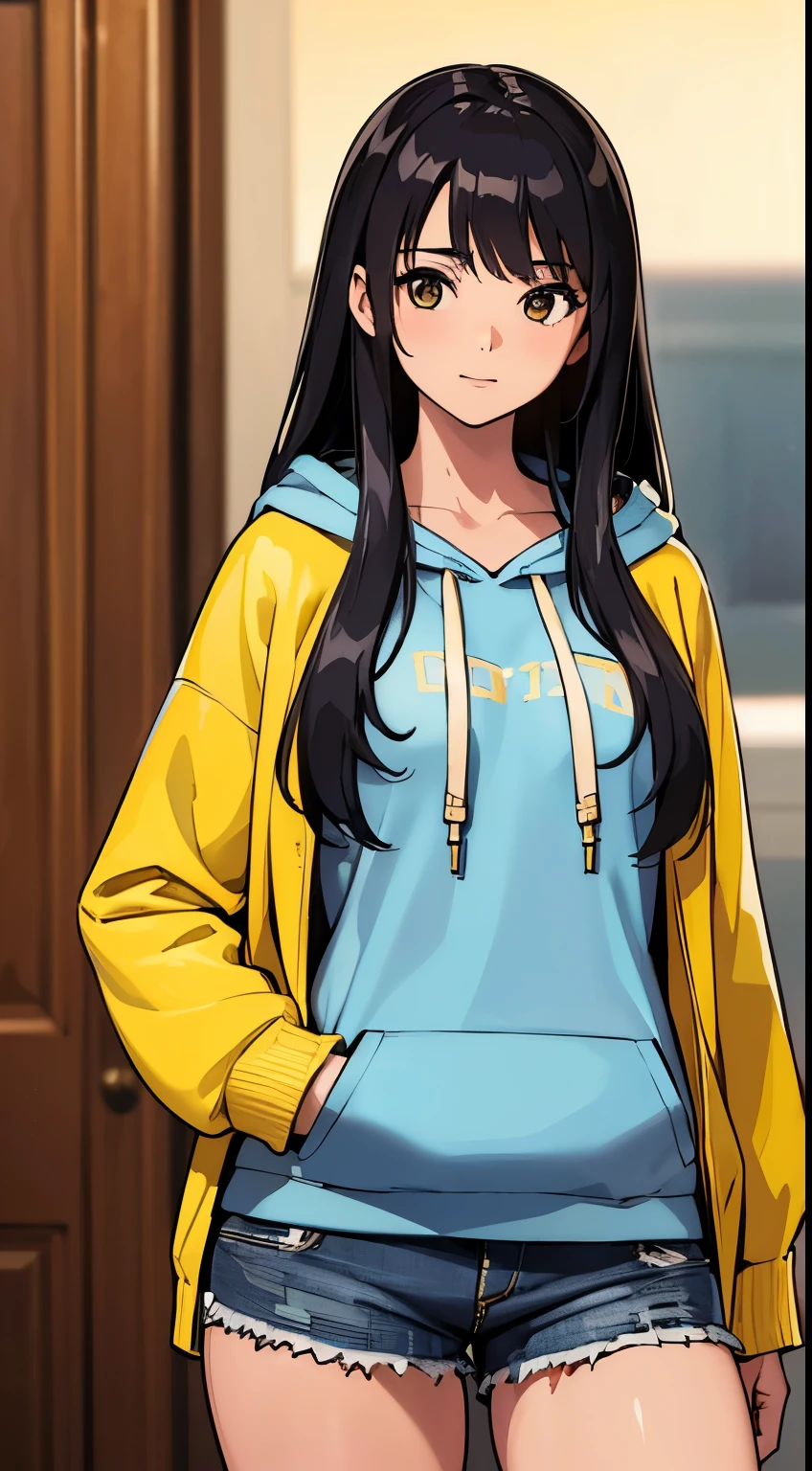((Masterpiece, ultra detailed, best quality, HDR, UHD, Sharp focus, hyper realistic, photorealistic, like a photo, RAW Photo))1 girl, soft smile, Hoodie , looking at side, long hair, 17 yo, yellow jacket