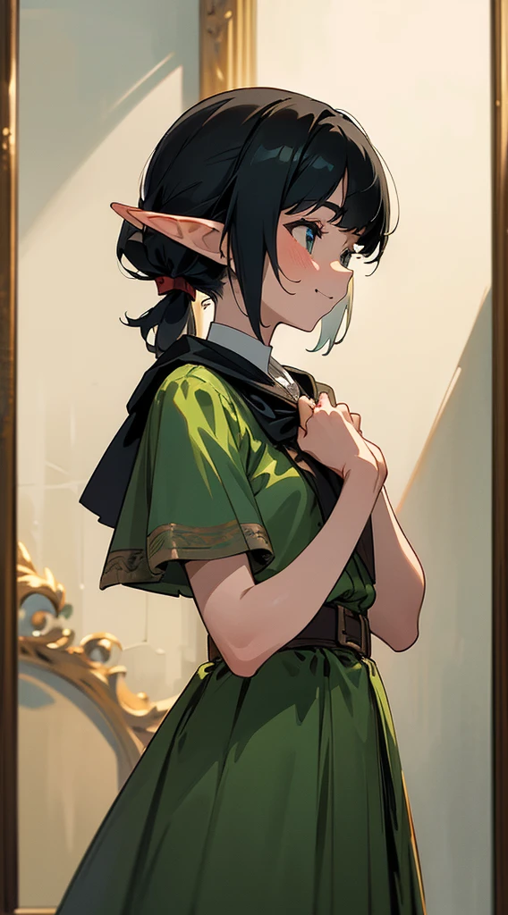 ,HDR, Masterpiece, Vintage, RTX, (Masterpiece, Best quality: 1.2),(masterpiece: 1.2, best quality), (1 lady, solo, upper body: 1.2),,tall girl, black hair tied in a ponytail,((Front view)) smiling appearance,a woman in a christmas elf costume posing for a photo, elf girl,a woman in a green and red Christmas Ad modeling, Profile photo, Solo, (masterpiece,best quality,ultra-detailed),costume posing for a photo, beauty, high quality costume, elves, costume, little Eleven girl, full body green dress, little Eleven tomboy, female, green dress with a black hood