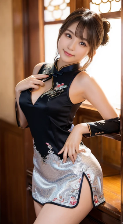 8K、Ultra-precise rendering、Photo Quality、 Top quality with a wide range of colors,photos realistic,Detailed eyes、intricate-detail,RAW photogr、((13yo girl、Skinny face、natural make up、sparkly eyes))、kawaii faces、A smile、Very white skin、round large chest、Beautiful valley,thin-waist、big butts、Gorgeous cheongsam,extra long hair,((poneyTail))cropped shoulders、delicated face,Expose cleavage,ornamented,Inside the palace,((Super mini cheongsam dress with deep cuts on the sides、Intricate and detailed embroidery all over the body,rhinestone))Pose with buttocks sticking out、Thighs in full view、、medium-full shot、Angle up to the knee