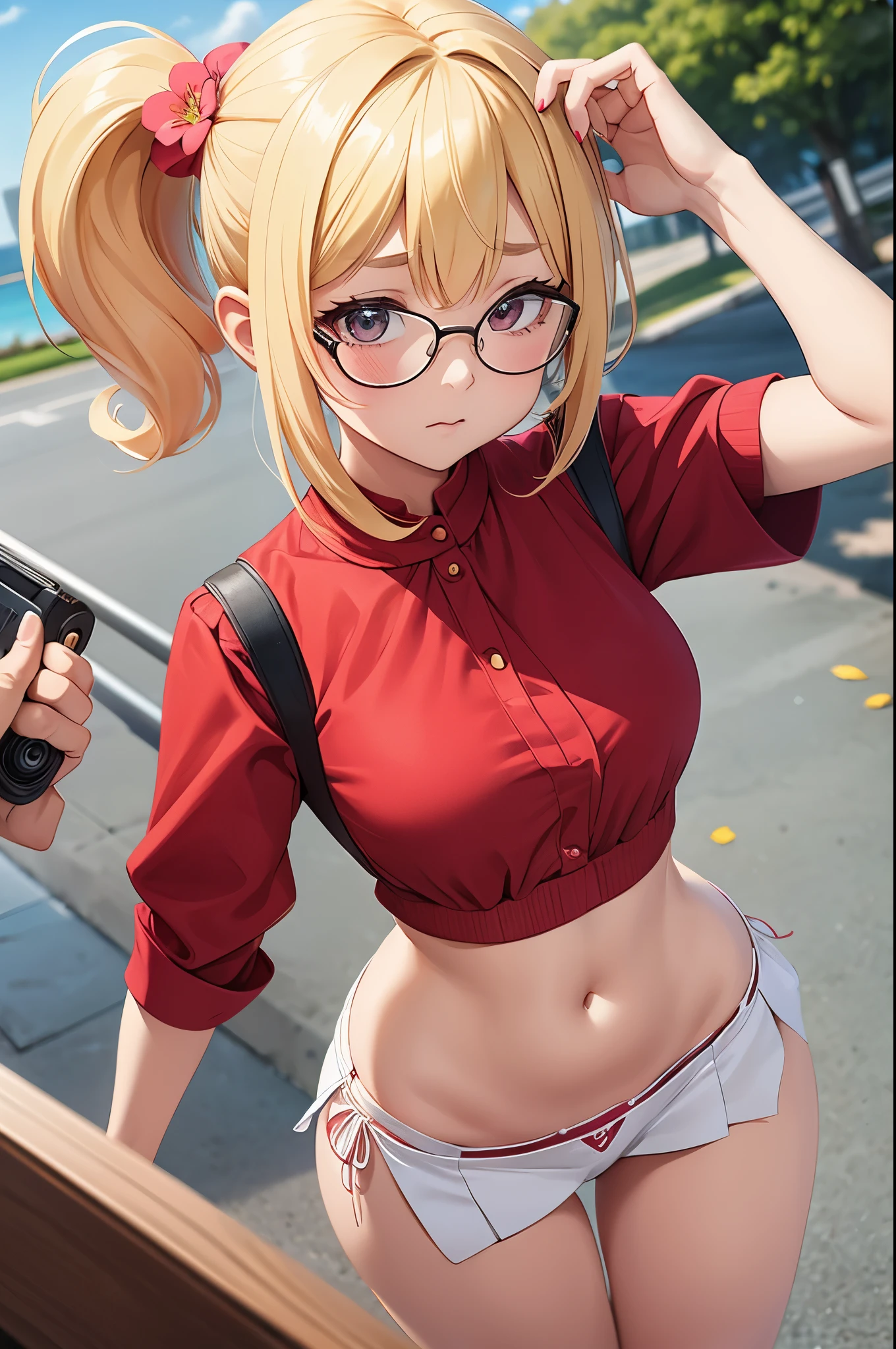 in public, boring, bangs, loli body,  girl, blonde hair tied in a side ponytail, sensual cleavage, red blouse, round breasts, ass facing the viewer, Ultra HD, 4k image, glasses, character close up camera, V panties, sensual panties, white panties with flowers, low waist panties, short 1.3 miniskirt, top view