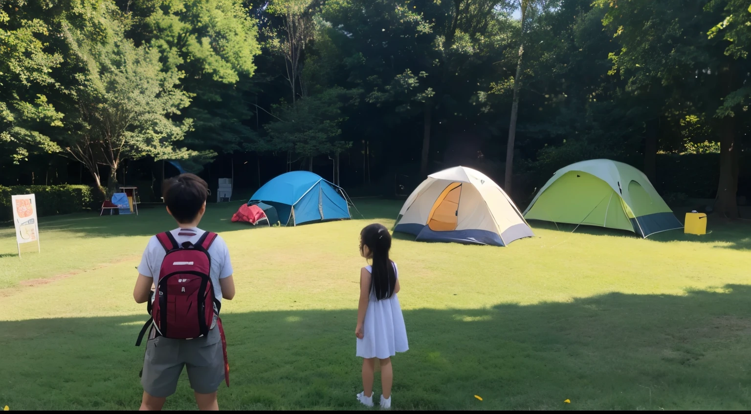Fumen plays with children、camping、lawns、tenten