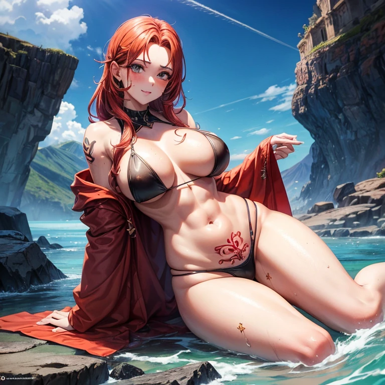BACKGROUND VOLCANO, guerreira com machado, Ruiva, olhos claros, cintura fina, quadril largo, seios volumosos, tatuagem barriga, de corpo inteiro, sexy