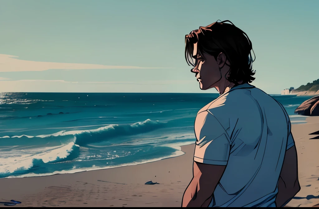 1boy, cabelo estilo Sam Winchester, (pov observando sob as costas dele)), ((He is on his back watching the sea)),beach scenery, mostrando corpo todo, clima frio, roupas de frios