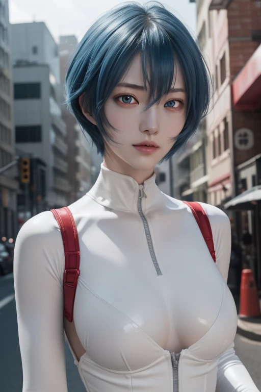 Reyanami, Rei Ayanami, blue hair, Short Hair Hair, (Red Eyes:1.5), Broken bodysuit, headgear, plugsuit, White bodysuit, Outdoor Stay, city, viewer look., romper (masterpiece:1.2), bestquality, high-res, Unity 8k壁纸, (illustration:0.8), (beautiful detail eyes:1.6), very detailed face, perfect lighting, Very detailed, (perfect hands, perfect anatomy),