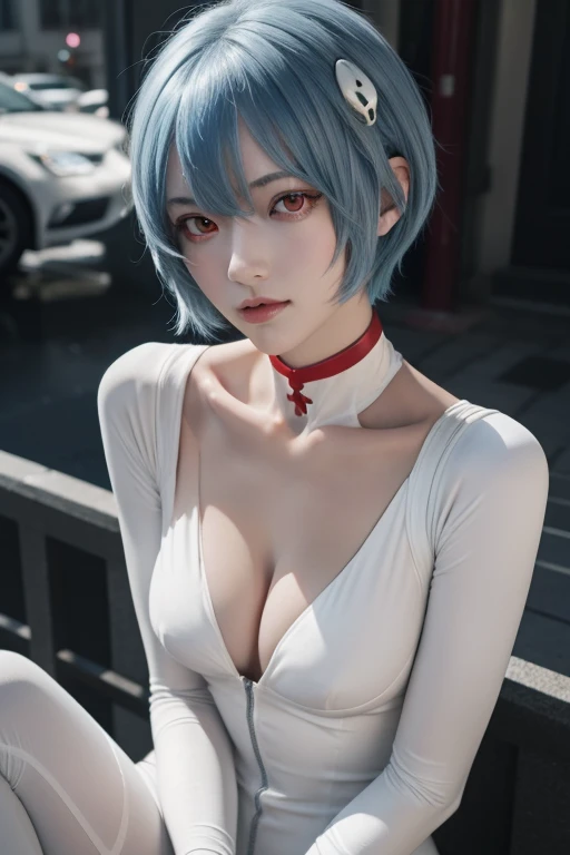 Reyanami, Rei Ayanami, blue hair, Short Hair Hair, (Red Eyes:1.5), Broken bodysuit, headgear, plugsuit, White bodysuit, Outdoor Stay, city, viewer look., romper (masterpiece:1.2), bestquality, high-res, Unity 8k壁纸, (illustration:0.8), (beautiful detail eyes:1.6), very detailed face, perfect lighting, Very detailed, (perfect hands, perfect anatomy),