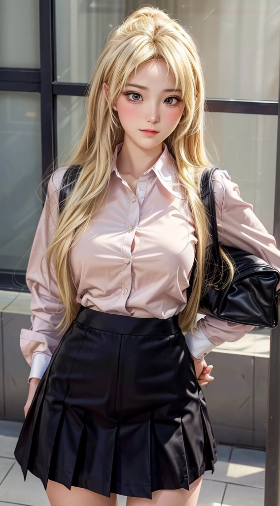 a close up of a woman in a skirt and shirt posing, seductive anime girl, hyperrealistic schoolgirl, sakimichan frank franzzeta, a hyperrealistic schoolgirl, sakimichan, revealing outfit, sexy outfit, intriguing outfit, blonde goddess, realistic schoolgirl, range murata and artgerm, very sexy outfit