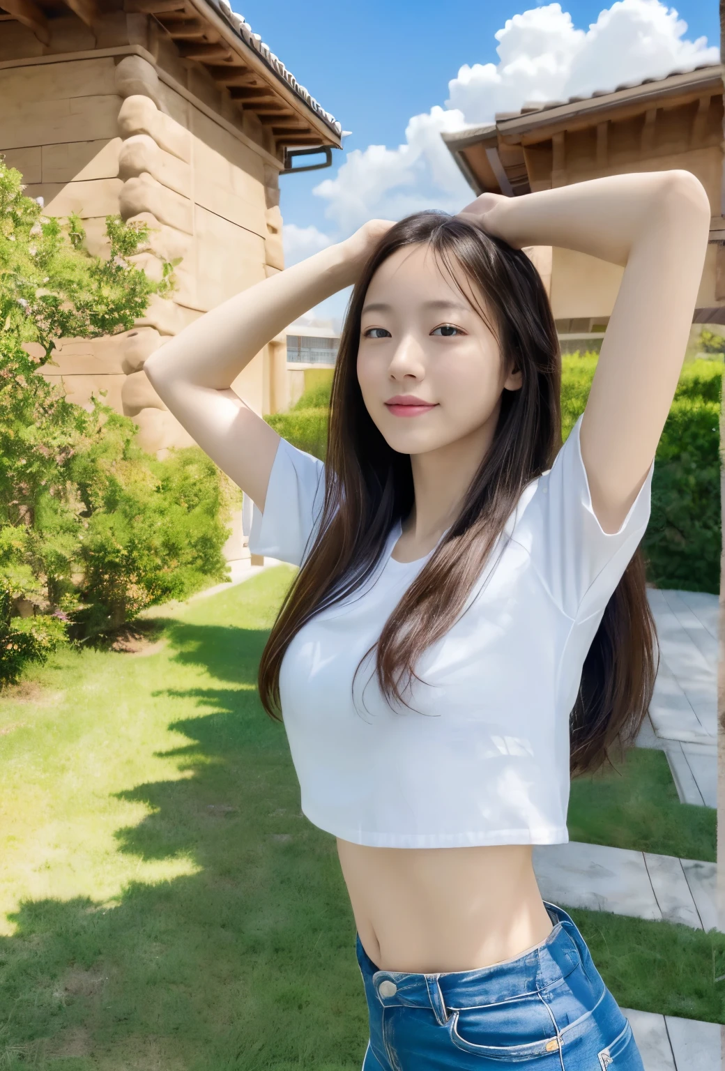 (masterpiece、top-quality、top-quality、Official Art、Beautifully Aesthetic:1.2)、(((1girl fly in the sky)))、((Windy))、(jumpping)、white cloudlue open sky、(((full bodyesbian)))、highest details、(shinny skin)、(耳环)、(Open your arms)great laughter、(masterpiece:1.3)、(8k、Photorealsitic、RAW、top-quality: 1.4)、美丽的面容、(lifelike face)、absurderes、enticing、超A high resolution、A hyper-realistic、high-detail、the golden ratio、(outside of house、Mare、zori)