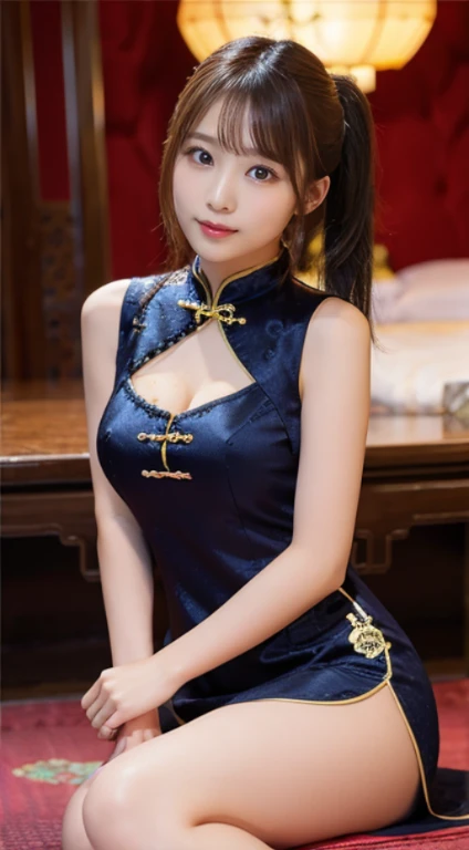 8K、Ultra-precise rendering、Photo Quality、 Top quality with a wide range of colors，photos realistic，Detailed eyes、intricate-detail，RAW photogr、((13yo girl、Skinny face、natural make up、sparkly eyes))、kawaii faces、A smile、Very white skin、round large chest、Beautiful valley，thin-waist、big butts、Gorgeous cheongsam，extra long hair，((poneyTail))cropped shoulders、delicated face，Expose cleavage，ornamented，Inside the palace，((Super mini cheongsam dress with deep cuts on the sides、Intricate and detailed embroidery all over the body，rhinestone))Sitting with your knees upright、Thighs in full view、、medium-full shot、Angle up to the knee