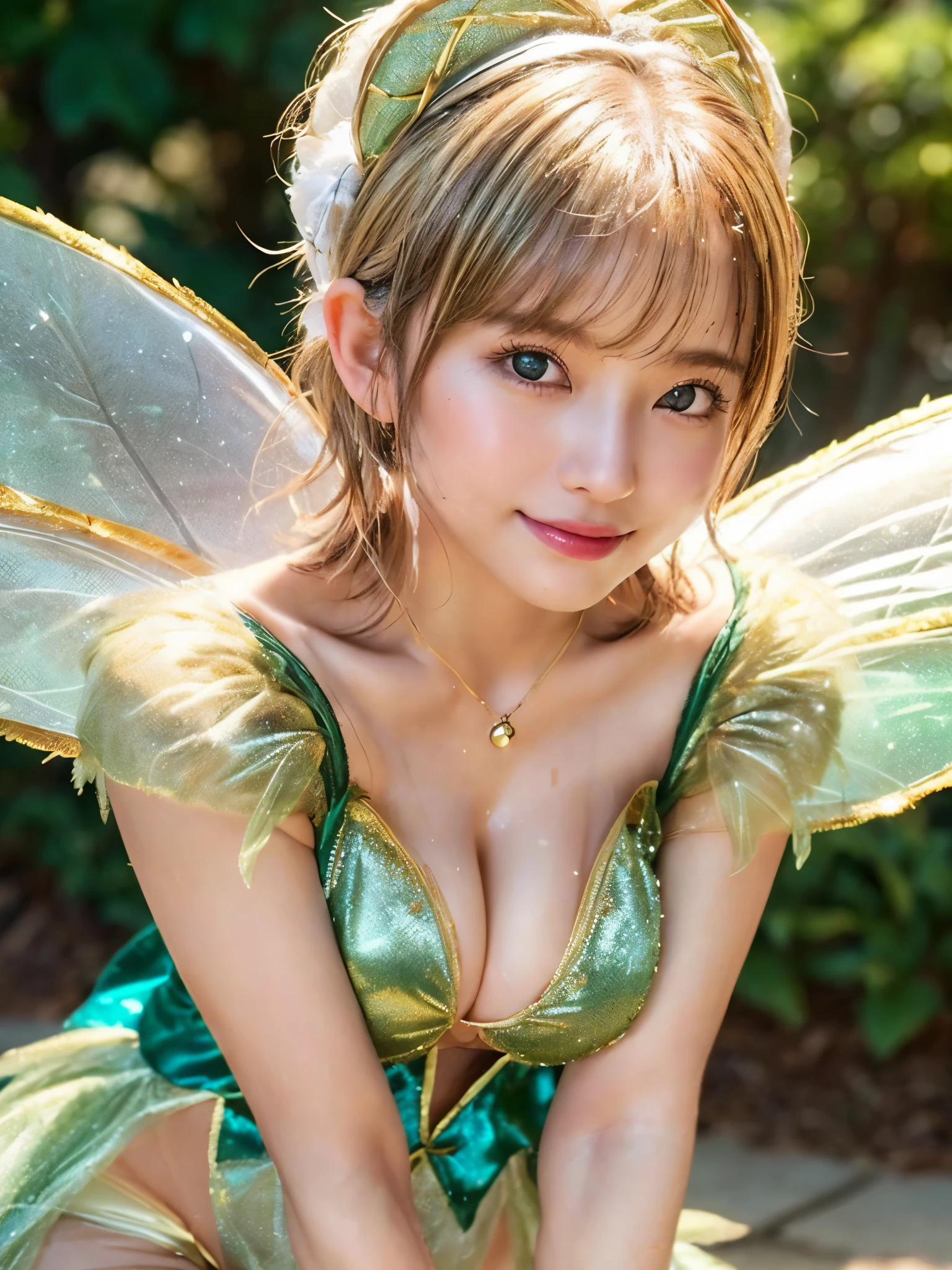 (8k, RAW photo, best quality, masterpiece, ultra detailed, beautiful:1.2), (realistic, photo-realistic:1.5), sharp focus, SIGMA 85mm f/1.4., depth of field, blur background, bokeh, cinematic, soft light,
extremely cute 1 Japanese actress, 22 years old, detailed pale skin, detailed face, detailed brown eyes, seductive naughty smile, looking at viewer, tilting head, (close up, bent over: 1.3), short straight blonde hair, (cleavage:1.2), (sexy tinker bell costume:1.5), (sweaty skin, wet skin:1.2), sexy pose, sunny, park