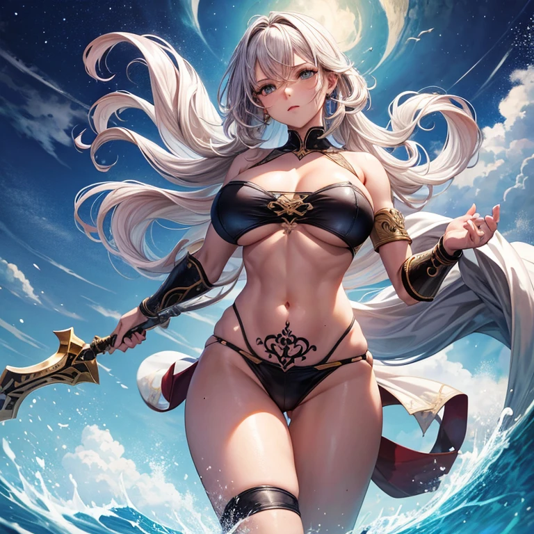 Tornado de fundo, guerreira com machado e espada, Ruiva, cintura fina, quadril largo, seios grandes, tatuagem barriga, de corpo inteiro, sexy