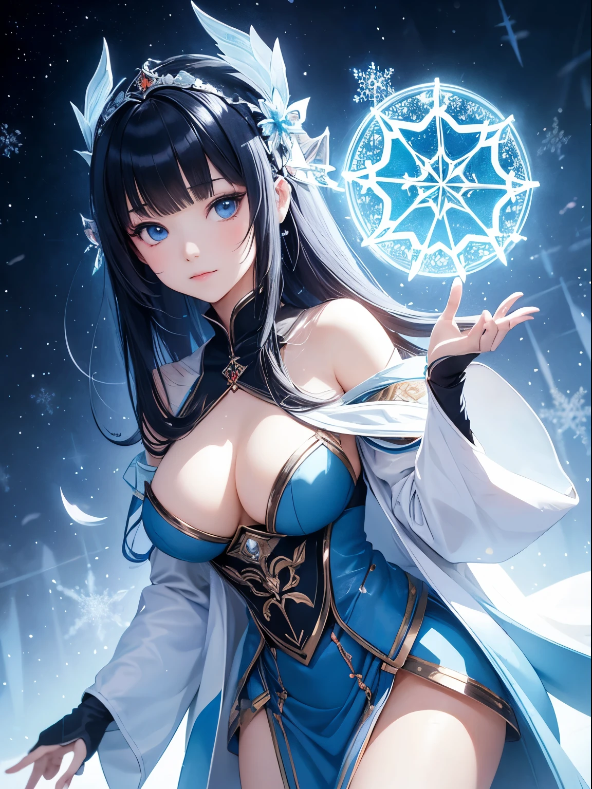 Sulamith Wülfing, TRAN NGUYEN, Surreal, mysterious, strange, fantastical, fantasy, Sci-fi, Japanese anime, fairy tales ♾️ Symmetry with snowflakes, beautiful pi, seeing the scenery in numbers, expressing art in mathematics, detailed hand drawings colour masterpiece sharp focus cinematic lighting perspectives, beautiful girl