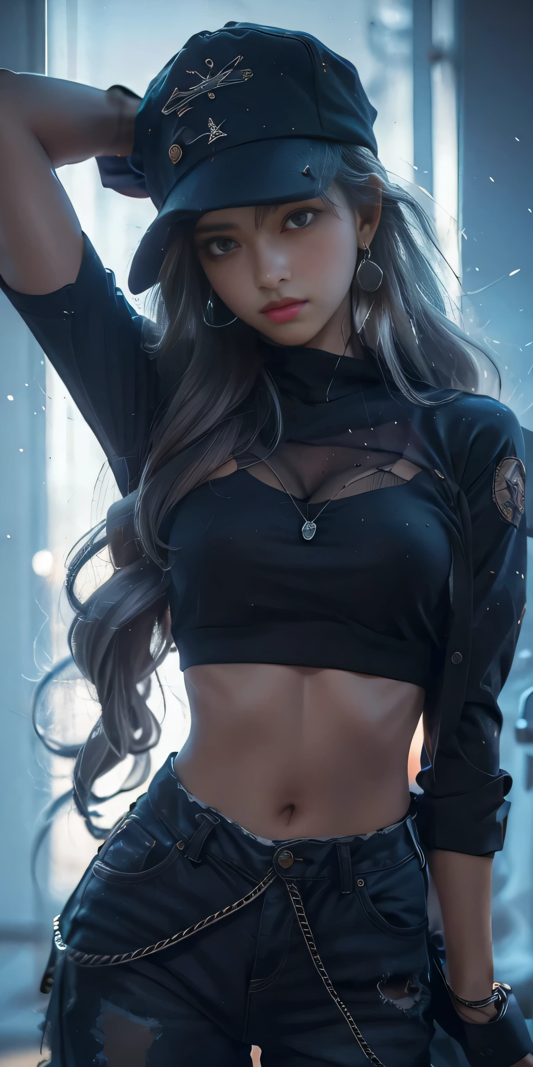 Hyper realistic, a Hiphop Girl, 20 years old girl, Indonesian Beauty girl, Model, Slim Body shape, True beauty, Navy blue outfit, Silver Earrings, Confident, Hiphop girl, tan skin, hat, messy hair, long hair, neon background. Detailed face, detailed eyes, detailed hair, UHD, masterpiece, super detail, high details, high quality, 16k.