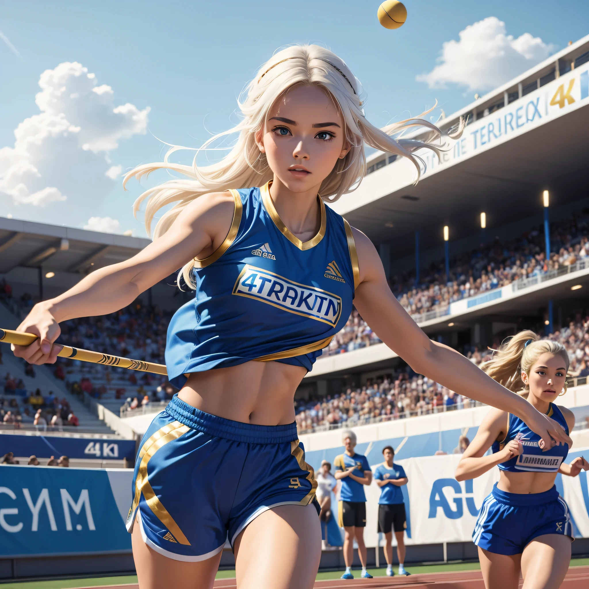 (best quality,4k,8k,highres,masterpiece:1.2),ultra-detailed, 1girl, Greek goddess Artemis as a college student, White hair, Mediterranean features and skin tone, Athletic build, wide feminine hips, wearing blue track top with gold sleeves and blue thigh length track shorts with gold stripes, Attempting javelin throw at a track and field competition, HDR, 8k, absurdres, cinestill 800, sharp focus