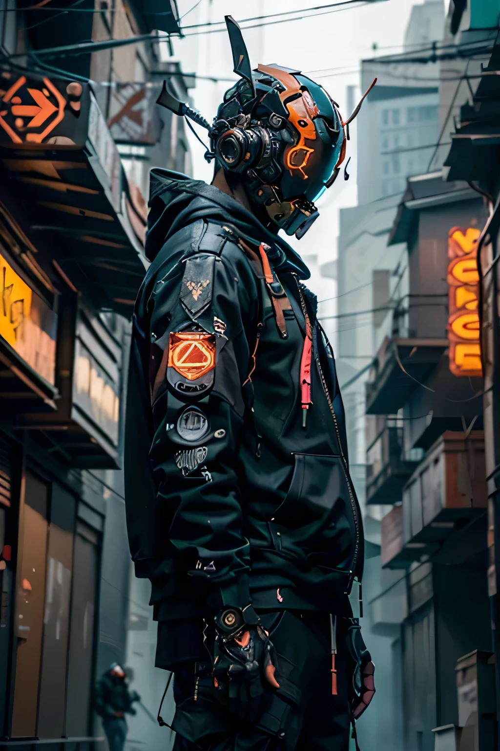 (obra maestra, plano de cuerpo completo, Intricate raw photography)Ciudadano cyberpunk, Oversized extra asymmetrical black hoodie, pantalones cargo negros, ropa negra, oscura, tactical gloves, el lleva puesto un cyberhelmet futurista color negro de alta tecnologia, brillante, algo parecido a daftpunk,  muy intrincado, Small LED details, Advanced technology closed helmet, ambiente oscuro, dramatico, luz y sombra, ((Kinematic, Black neon,))  action film, nitidez, neon-noir ciudad moderna, street neon lights, calle oscura, noche, foto de Insta, Photo of the Year, Epic resolution, Epic Quality, Epic sharpness, Intrincada epopeya, techwear,Reelmech