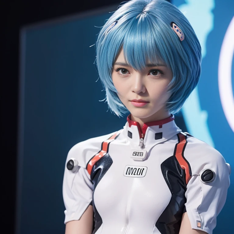 (Best Quality, hight resolution, masutepiece:1.2), 1girl in, Ayanamirei, bob cuts, plugsuit, Upper body view、Interface headset, Background, Light blue hair color, deadpan, full-face blush, embarrassed, Looking at Viewer
