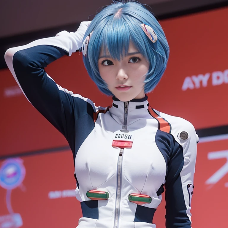 (Best Quality, hight resolution, masutepiece:1.2), 1girl in, Ayanamirei, bob cuts, plugsuit, Upper body view、Interface headset, Background, Light blue hair color, deadpan, full-face blush, embarrassed, Looking at Viewer