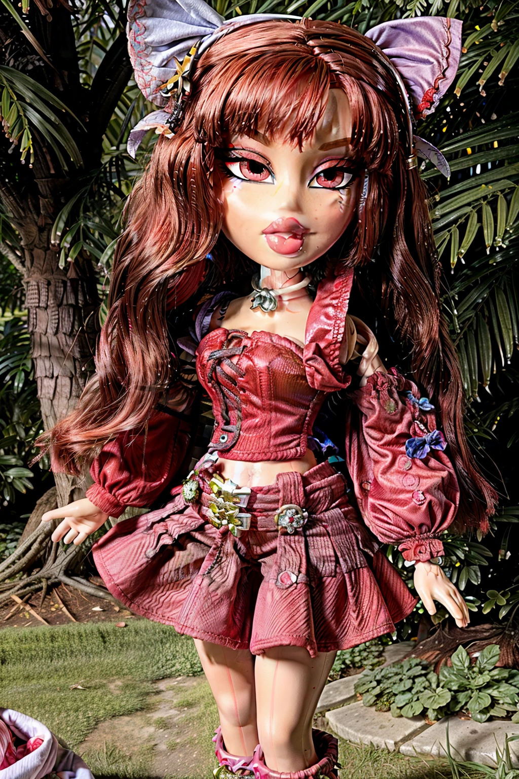 Bratz girl with detailed eyes and big lips and red short hair, wearing versace colorful flowers dress, full body , plastic skin , doll joints , ,(masterpiece, top quality, best quality, beautiful and aesthetic:1.2), sekibanki, green_hair, bow, ribbon, , doll, revealing clothes, big head, 1girl, solo, breasts, curvy, wide hips, narrow waist, joints, doll joints, cleavage, bursting breasts, huge breasts, lips, 1girl,red hair,hair bow,red eyes,short hair,cape,long sleeves, shirt,skirt,, midriff, full body, high heels, thighhighs, long legs