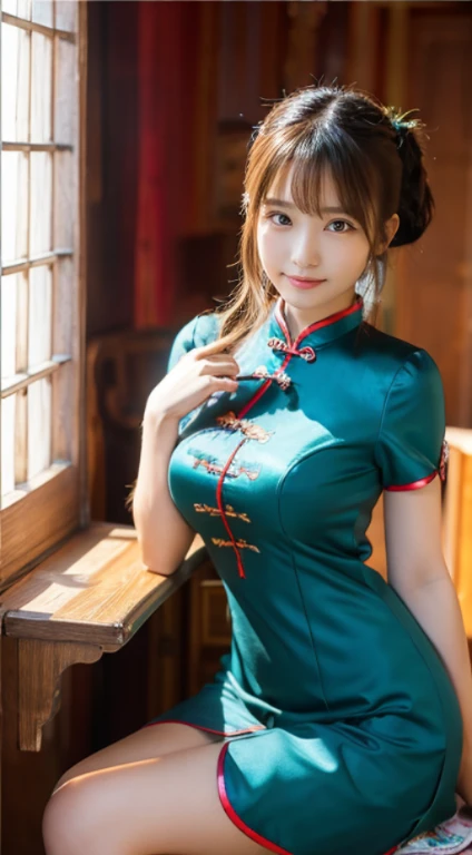 8K、Ultra-precise rendering、Photo Quality、 Top quality with a wide range of colors,photos realistic,Detailed eyes、intricate-detail,RAW photogr、(( girl、Skinny face、natural make up、sparkly eyes))、kawaii faces、A smile、Very white skin、round large chest、Beautiful valley,thin-waist、big butts、sexy chinese dress,extra long hair,((poneyTail))cropped shoulders、delicated face,Expose cleavage,ornamented,Inside the palace,((Super mini cheongsam dress with deep cuts on the sides、Intricate and detailed embroidery all over the body,rhinestone))Sitting with your knees upright、Thighs in full view、、medium-full shot、Angle up to the knee