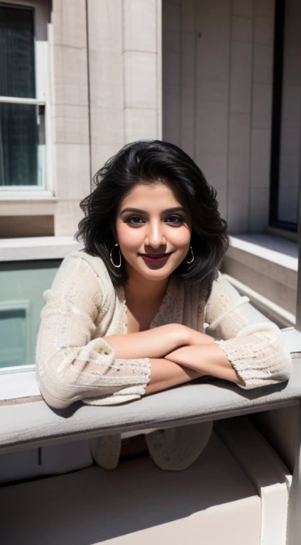 desi Indian girl (25 years), chubby face charming hair natural skin, good figure, ((highly detailed face and skin texture, 8k, ultrarealistic))), ((Masterpiece: 1.3, best quality, sharp focight face, short hairs, on the balcony of a flat top floor, new york, happy face, day light