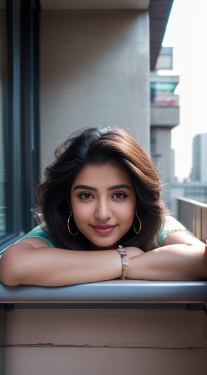 desi Indian girl (25 years), chubby face charming hair natural skin, good figure, ((highly detailed face and skin texture, 8k, ultrarealistic))), ((Masterpiece: 1.3, best quality, sharp focight face, short hairs, on the balcony of a flat top floor, new york, happy face, day light