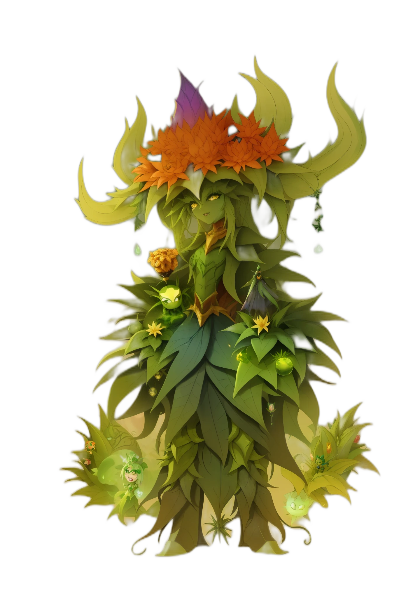 cartoon illustration of a green and yellow monster, a plant monster, plant monster, from league of legends, a humanoid thistle monster, quirky queen of faes magical garden plant creatures, from magic the gathering, anthropomorphic cactus, plant spirit, sfw version, no tits, battle scared