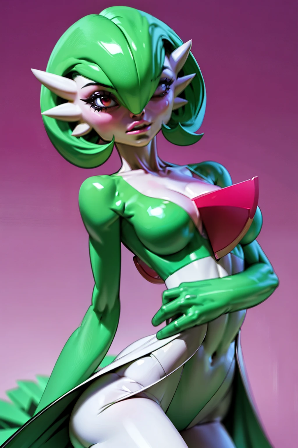 masterpiece, best_quality, 1girl, solo, gardevoir, creatures \(company\), game freak, nintendo, pokemon, pokemon \(game\), bangs, colored skin, female focus, gen okemon, green hair, green skin, hair over one eye, multicolored skin, pokemon \(creature\), red eyes, short hair, two-tone skin, white skin, (drunkoak:0.8)