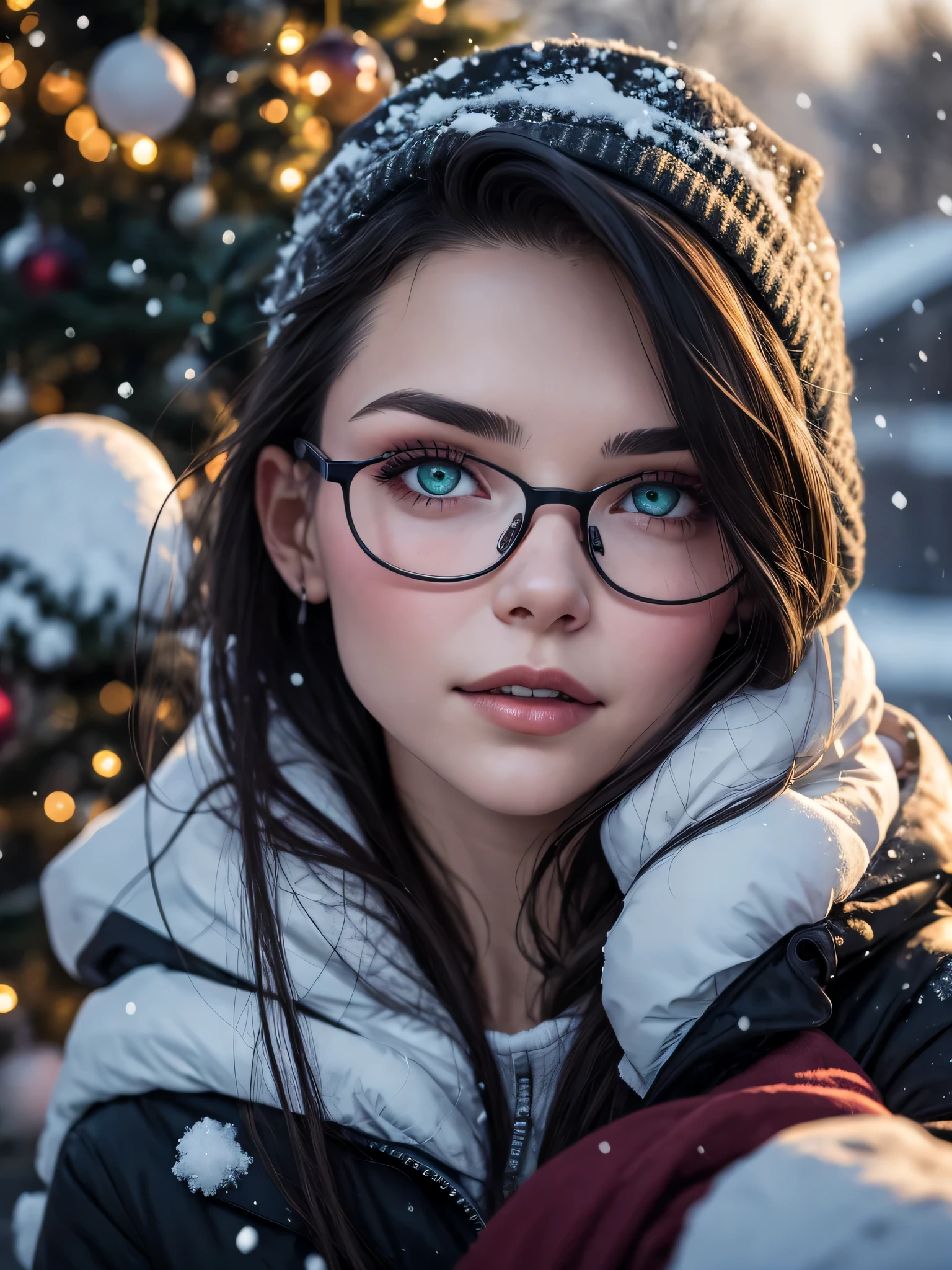 young woman with dark hair and glowing purple eyes wearing glasses with a New Year', одет в костюм snowingурочки. snowing, holiday tree, is beautiful. Semi-realism with fantasy. is beautiful, Magical. New Year'this feeling. Dark Fantasy, Dark horror, Ultra Detailed
