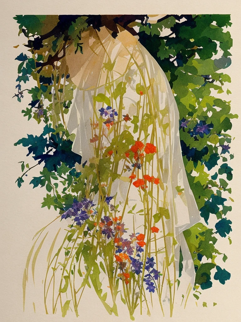 minimal illustration, beautiful woman, hyperrealistic sketch with watercolor, by Alphonse Mucha, watercolor, outdoors, nature