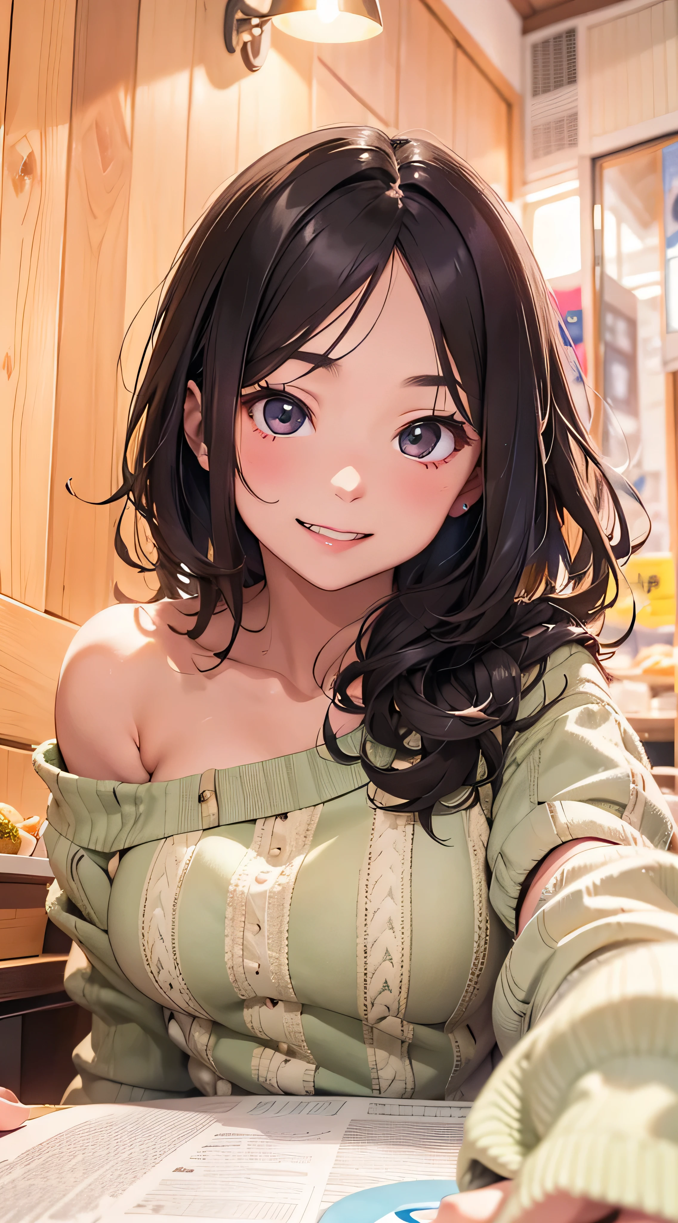 there is a woman that is sitting in cozy cafe, ayahausca, cindy avelino, mai anh tran, 🤬 🤮 💕 🎀, with short messy hair, young cute wan asian face, 8k selfie photograph, joy ang, smiling