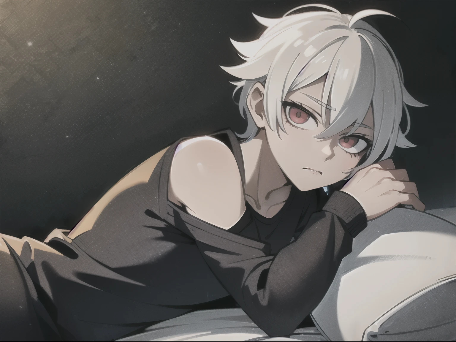 masutepiece, Best Quality, Boy in pajamas lying on bed, Solo, Hairstyle unkempt, impatience, finely eye and detailed face, Dark midnight background, Dimly lit bedroom, resting on a pillow, Head on pillow, From Side, look at viewer, Dynamic Angle