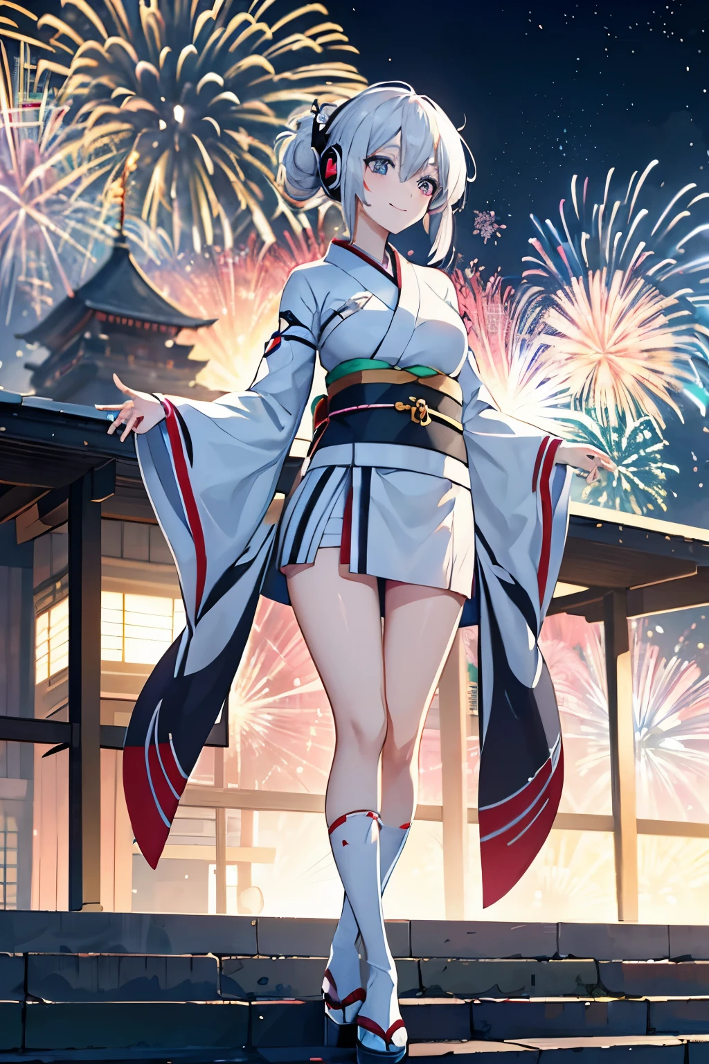 "anime girl, 1 person, silver white hair mixed with black, blue eyes, wearing headphones, women's kimono, same kimono, big breasts, holding cotton candy, long socks, standing cross-legged, shy smile, side view , festival, New Year's Eve fireworks, watch fireworks, solo(full HD Image 4K+)"