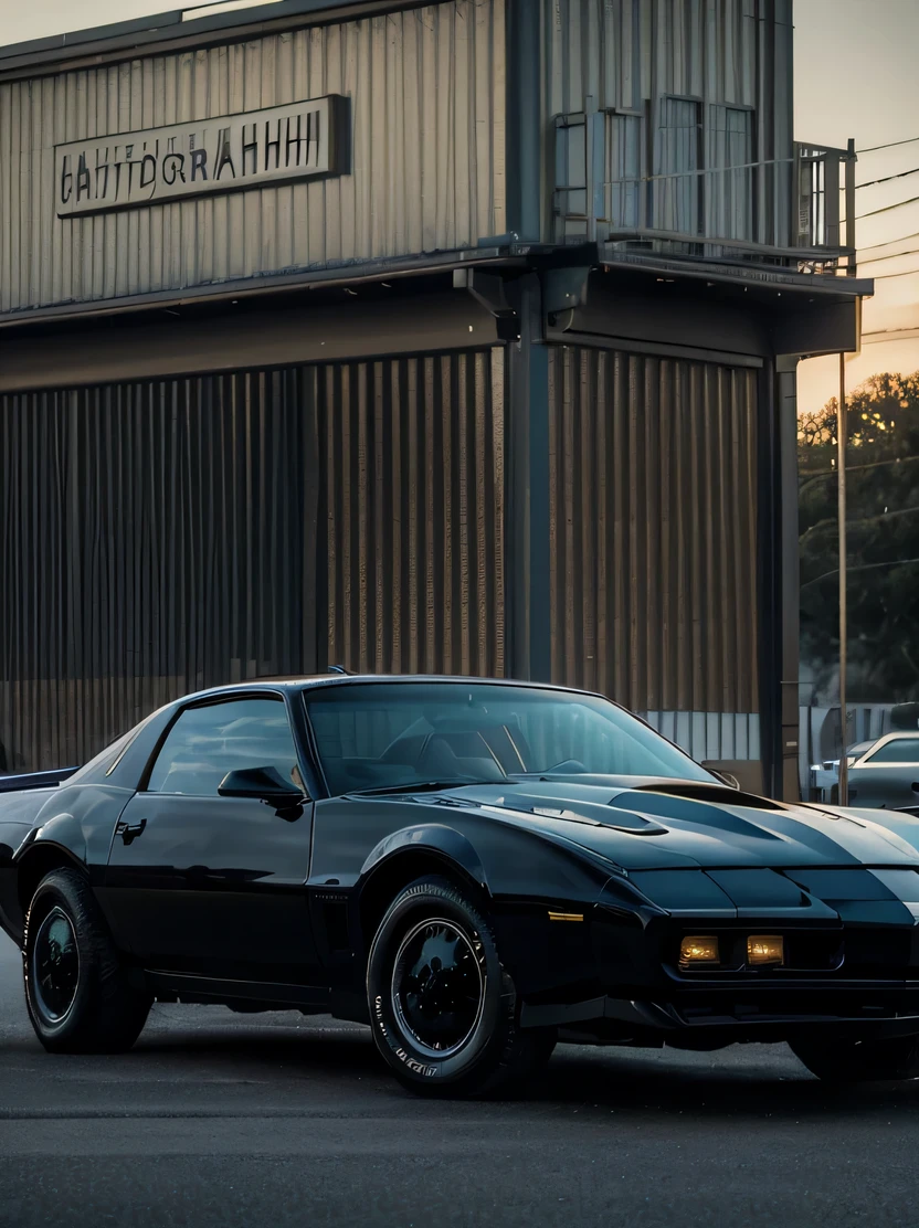 ((hightquality、hight resolution、masterpiece、foco nítido、photographrealistic、Raw photography、lighting like a movie))、(((No humans)))、vehicle focus、Pontiac Firebird、Black color、Dark windows、View from diagonally forward、three-quarter front view、edb kit