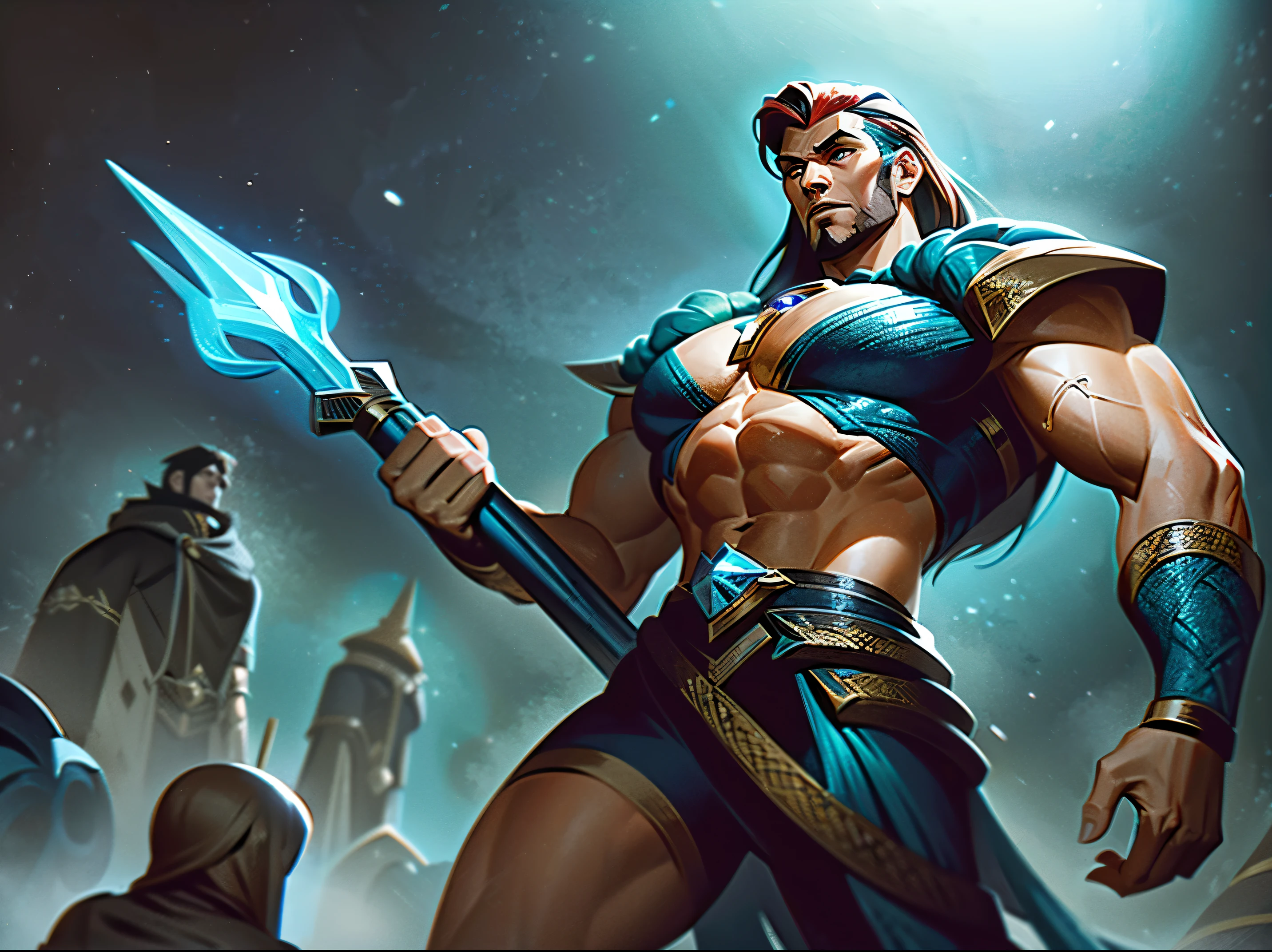"Create a champion for League of Legends that is tall, homem musculoso, with the aesthetics of a bounty hunter. Sua vestimenta deve ser composta principalmente por uma pelagem animal, conferindo-lhe um visual primitivo e robusto. He carries an imposing spear made of bones, que exibe sinais de batalhas anteriores. Sua pele ruiva deve contrastar com as muitas cicatrizes que adornam seu corpo, telling the story of his countless travels and confrontations. Give this champion a wild and determined aura, representing his tireless quest for bounty and his unparalleled skill as a target hunter."