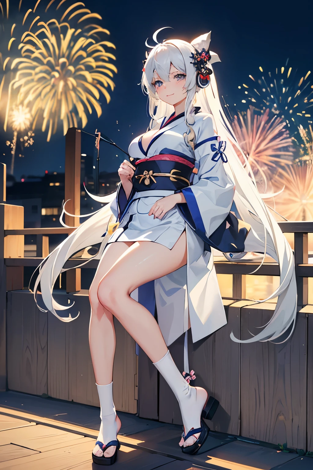 "anime girl, 1 person, silver white hair mixed with black, blue eyes, wearing headphones, women's kimono, same kimono, big breasts, holding cotton candy, long socks, standing cross-legged, shy smile, side view  , festival, New Year's Eve fireworks, watch fireworks, solo(full HD Image 4K+)"
