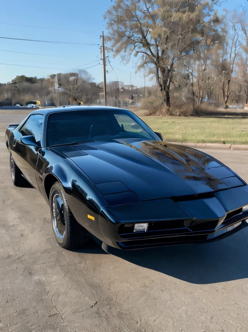 ((hightquality、hight resolution、masterpiece、foco nítido、photographrealistic、Raw photography、lighting like a movie))、(((No humans)))、vehicle focus、Pontiac Firebird、Black color、Dark windows、View from diagonally forward、three-quarter front view、edb kit