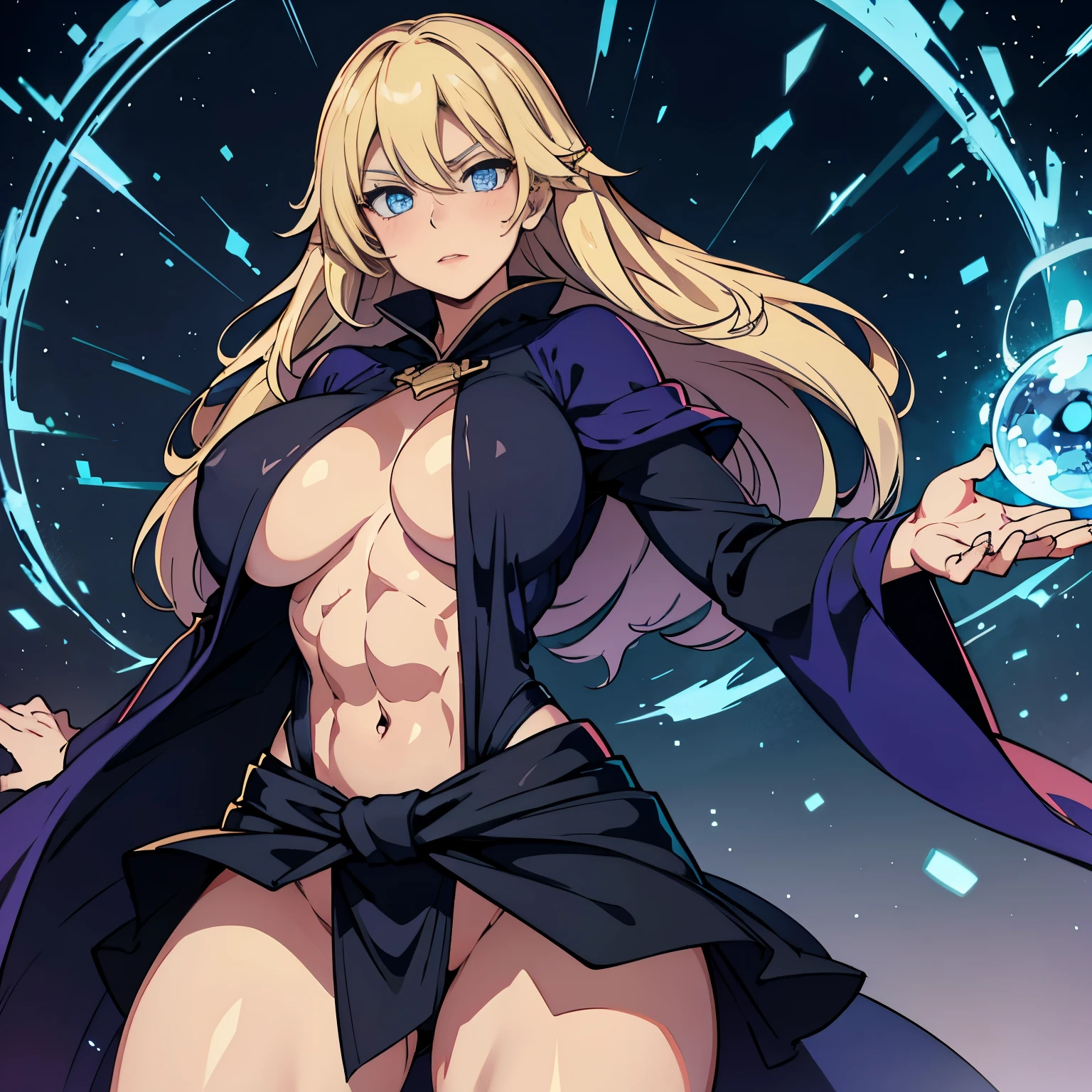 great quality, (1 woman), very focused face, diamond face, perfect eyes, (wearing mage robe), mage robe, strong shadows, detailed face, (casting spell), blue flashes of light, in battle, detailed abs, shinying eyes, (masterpiece), direct light, underlight, strong jaw, (large boobs), massive ass, thick thighs, (long torso), wide waist, skinny torso, fit, perfect face, sexy, (blushing),
