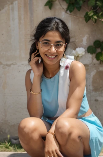 an Indian girl with honey color skin tone, black soft and silky hair till shoulders, wearing a light blue salwar with white borders and white chunni, she is wearing earrings, wearing 2 light colored bangles on each hand,  wearing this spectacles, smiling white teeth, rose color lips, happy and excited, pink nail polish, tilting right as if she is talking to someone sitting on the ground slowly, left hand on her left knee, other hand pushing her open hairs behind her right ear revealing a nice earring, realistic, background has walls, on her left is a low wall with pointy fence, behind her is a metal gate and a wall with a ledge to keep flower pots, its evening time, hyper realistic, wide shot, girl is smiling, showing teeth, full body visible